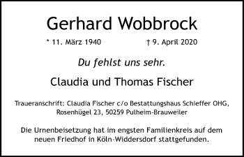 Anzeige von Gerhard Wobbrock von Kölner Stadt-Anzeiger / Kölnische Rundschau / Express