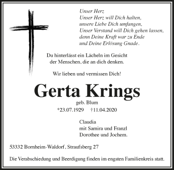 Anzeige von Gerta Krings von  Schaufenster/Blickpunkt 