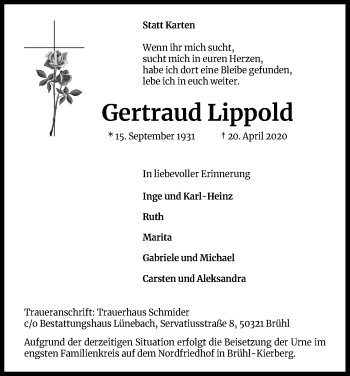 Anzeige von Gertraud Lippold von Kölner Stadt-Anzeiger / Kölnische Rundschau / Express