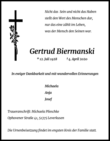 Anzeige von Gertrud Biermanski von Kölner Stadt-Anzeiger / Kölnische Rundschau / Express
