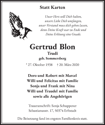 Anzeige von Gertrud Blon von  Schlossbote/Werbekurier 