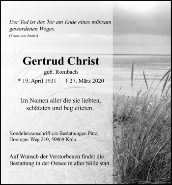 Anzeige von Gertrud Christ von Kölner Stadt-Anzeiger / Kölnische Rundschau / Express