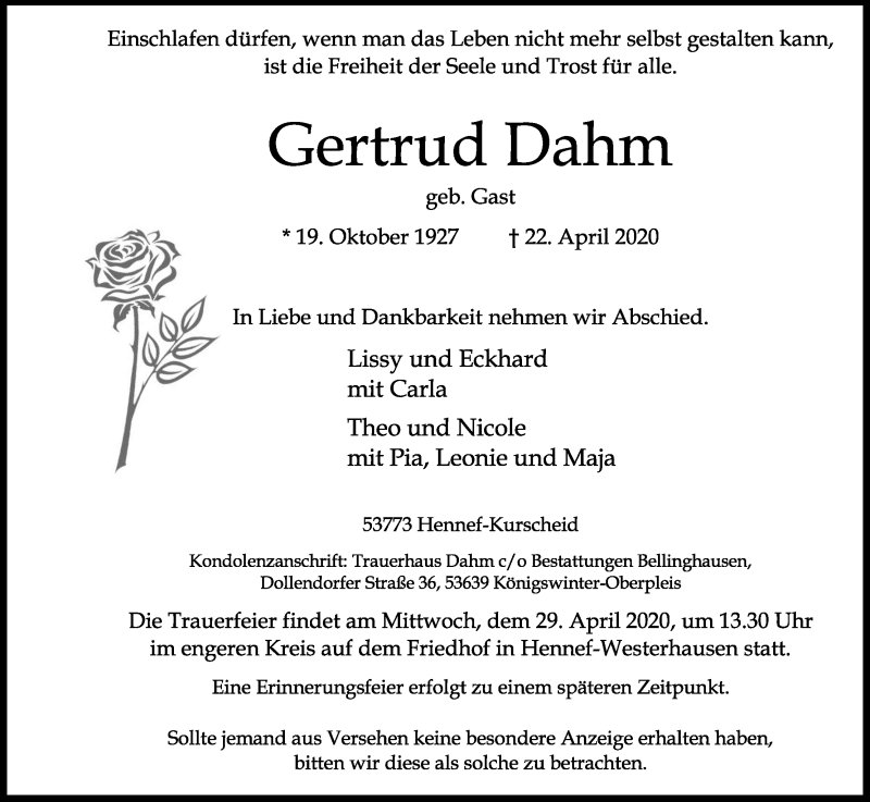  Traueranzeige für Gertrud Dahm vom 28.04.2020 aus Kölner Stadt-Anzeiger / Kölnische Rundschau / Express