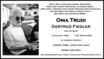 Anzeige von Gertrud Fiedler von Kölner Stadt-Anzeiger / Kölnische Rundschau / Express