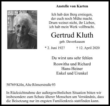 Anzeige von Gertrud Kluth von Kölner Stadt-Anzeiger / Kölnische Rundschau / Express