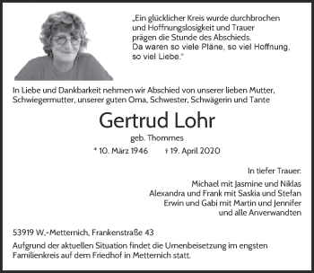 Anzeige von Gertrud Lohr von  Blickpunkt Euskirchen 