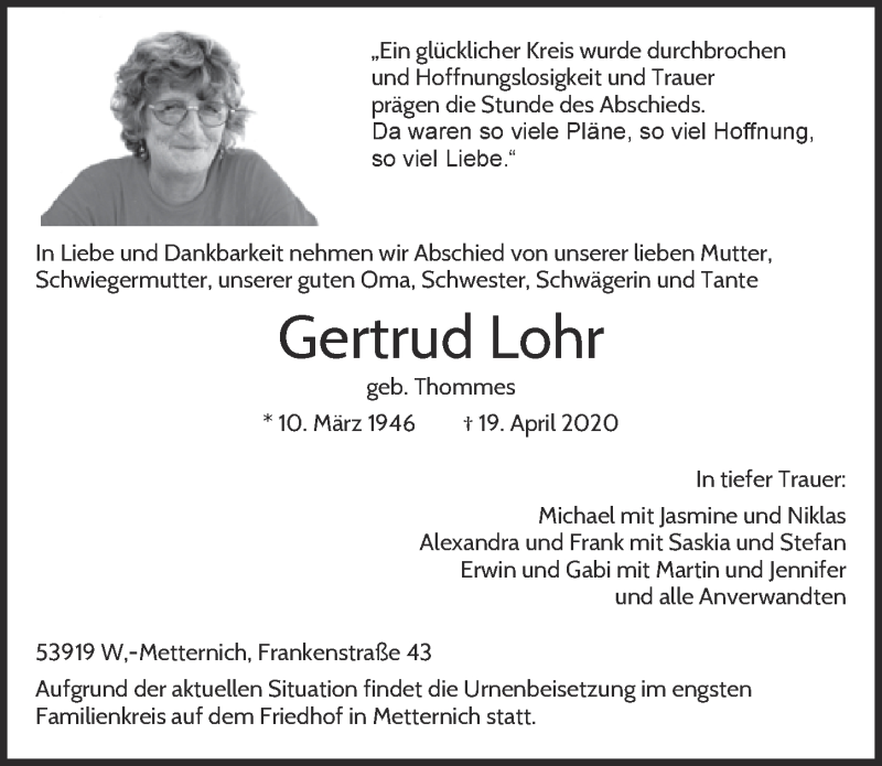  Traueranzeige für Gertrud Lohr vom 25.04.2020 aus  Blickpunkt Euskirchen 