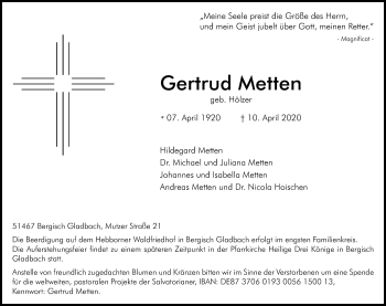 Anzeige von Gertrud Metten von Kölner Stadt-Anzeiger / Kölnische Rundschau / Express