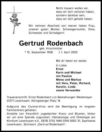 Anzeige von Gertrud Rodenbach von Kölner Stadt-Anzeiger / Kölnische Rundschau / Express