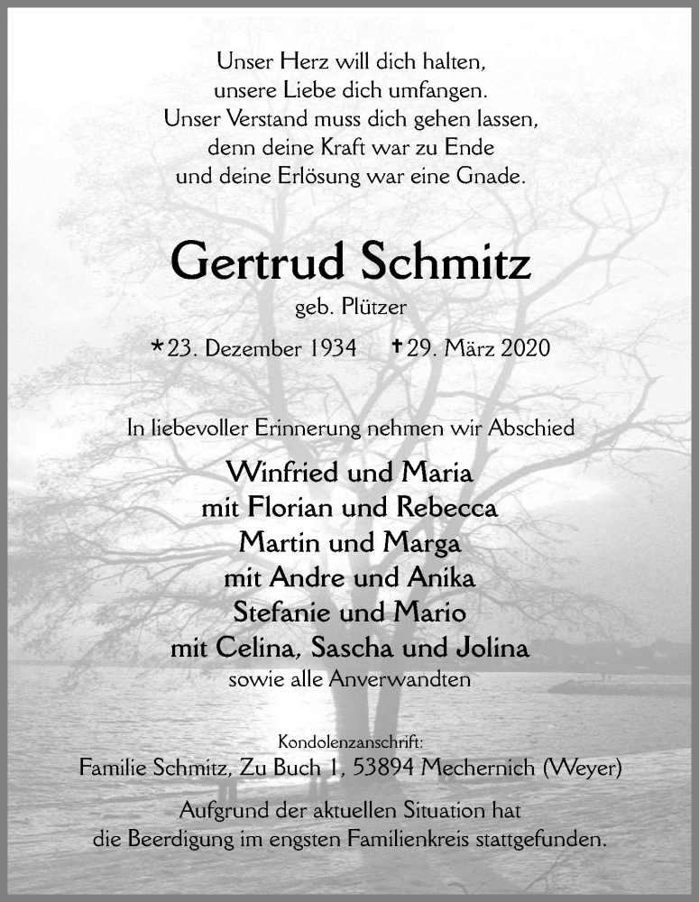  Traueranzeige für Gertrud Schmitz vom 04.04.2020 aus Kölner Stadt-Anzeiger / Kölnische Rundschau / Express