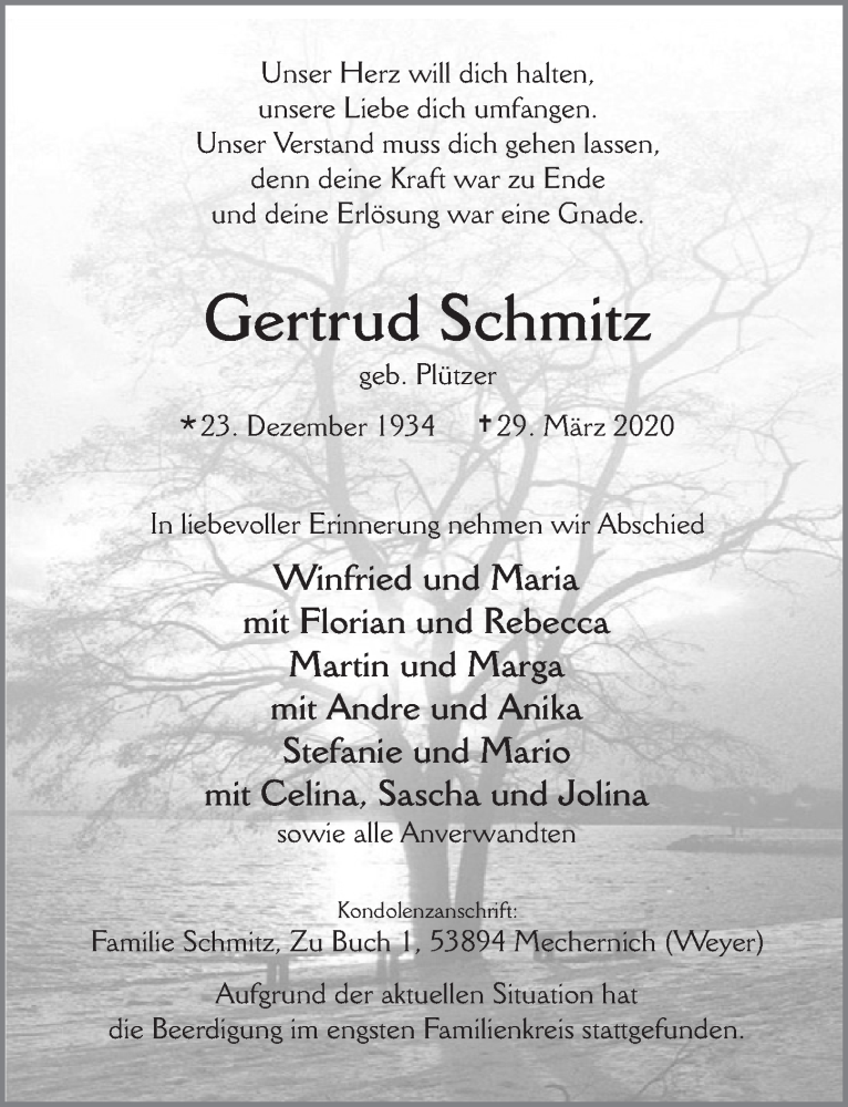  Traueranzeige für Gertrud Schmitz vom 04.04.2020 aus  Blickpunkt Euskirchen 