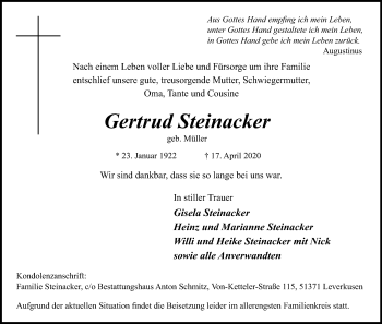 Anzeige von Gertrud Steinacker von Kölner Stadt-Anzeiger / Kölnische Rundschau / Express