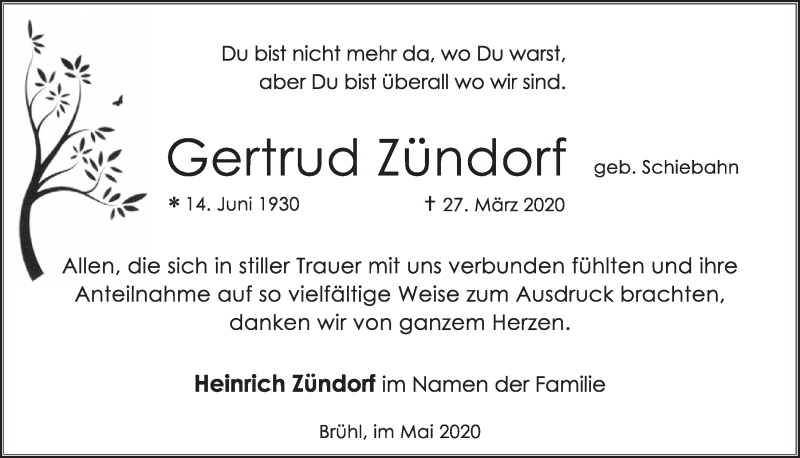  Traueranzeige für Gertrud Zünddorf vom 30.04.2020 aus  Schlossbote/Werbekurier 