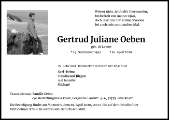 Anzeige von Gertrud Juliane Oeben von Kölner Stadt-Anzeiger / Kölnische Rundschau / Express