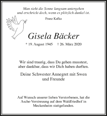 Anzeige von Gisela Bäcker von  Schaufenster/Blickpunkt 