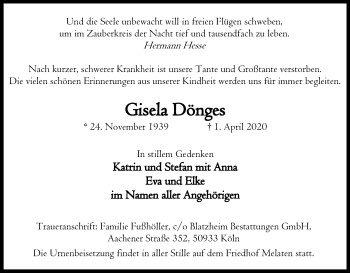 Anzeige von Gisela Dönges von Kölner Stadt-Anzeiger / Kölnische Rundschau / Express