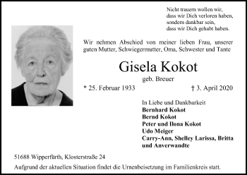 Anzeige von Gisela Kokot von Kölner Stadt-Anzeiger / Kölnische Rundschau / Express