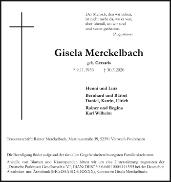 Anzeige von Gisela Merckelbach von Kölner Stadt-Anzeiger / Kölnische Rundschau / Express
