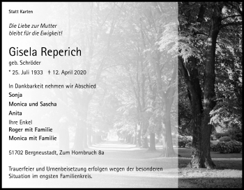 Anzeige von Gisela Reperich von Kölner Stadt-Anzeiger / Kölnische Rundschau / Express