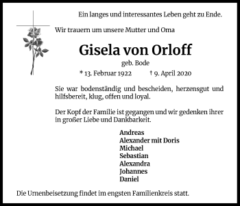 Anzeige von Gisela von Orloff von Kölner Stadt-Anzeiger / Kölnische Rundschau / Express