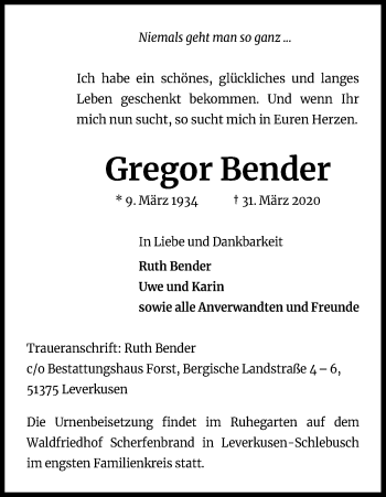 Anzeige von Gregor Bender von Kölner Stadt-Anzeiger / Kölnische Rundschau / Express