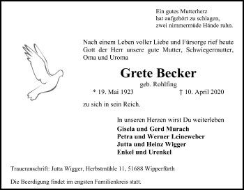 Anzeige von Grete Becker von Kölner Stadt-Anzeiger / Kölnische Rundschau / Express