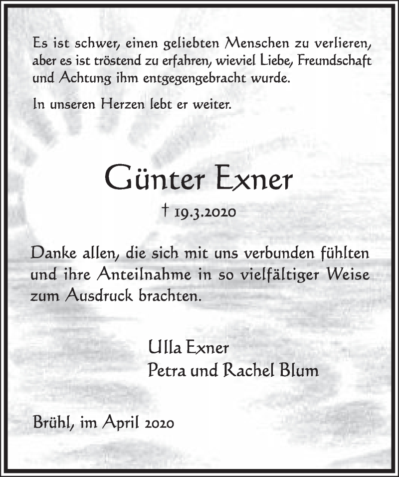  Traueranzeige für Günter Exner vom 30.04.2020 aus  Schlossbote/Werbekurier 