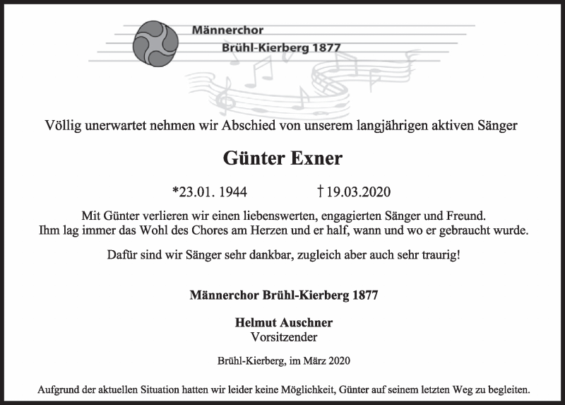  Traueranzeige für Günter Exner vom 03.04.2020 aus  Schlossbote/Werbekurier 