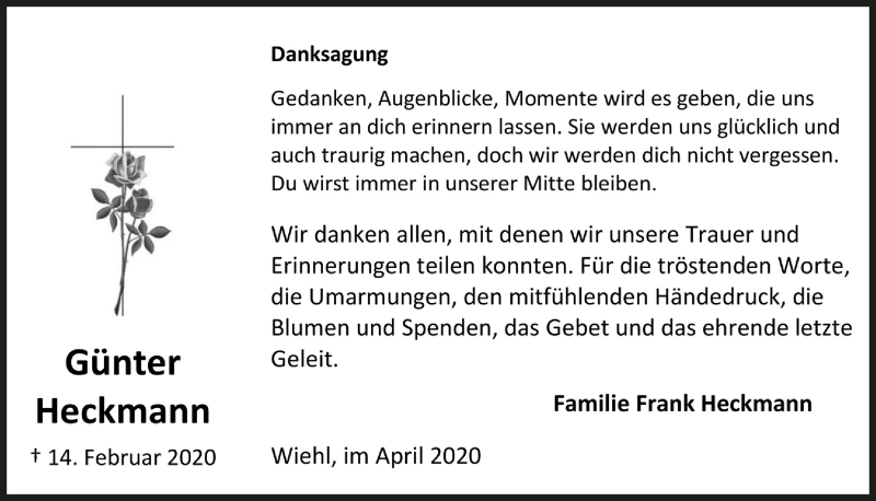  Traueranzeige für Günter Heckmann vom 03.04.2020 aus  Anzeigen Echo 