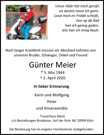 Anzeige von Günter Meier von  Kölner Wochenspiegel 