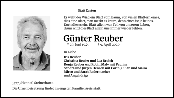 Anzeige von Günter Reuber von Kölner Stadt-Anzeiger / Kölnische Rundschau / Express