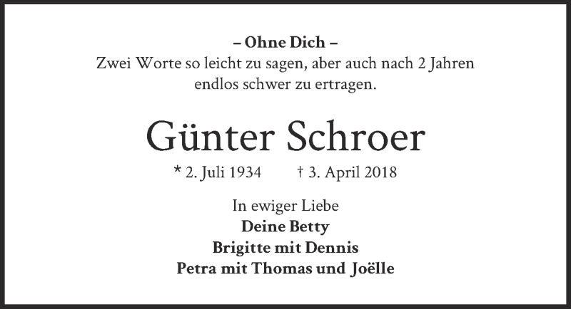  Traueranzeige für Günter Schroer vom 03.04.2020 aus  Werbepost 