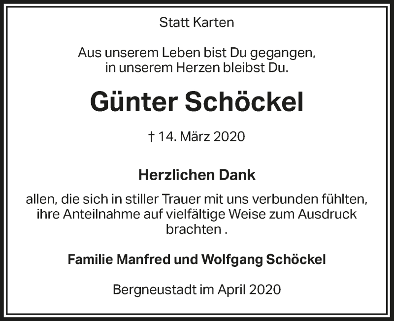 Traueranzeige für Günter Schöckel vom 30.04.2020 aus  Anzeigen Echo 