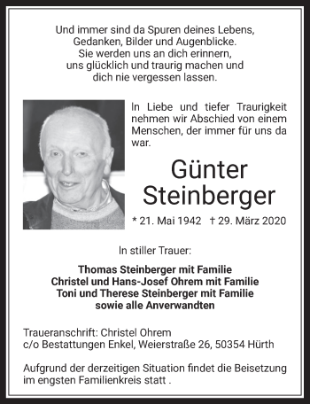 Anzeige von Günter Steinberger von  Wochenende 