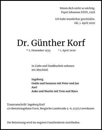 Anzeige von Günther Korf von Kölner Stadt-Anzeiger / Kölnische Rundschau / Express