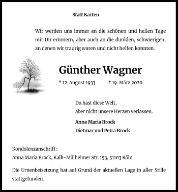 Anzeige von Günther Wagner von Kölner Stadt-Anzeiger / Kölnische Rundschau / Express