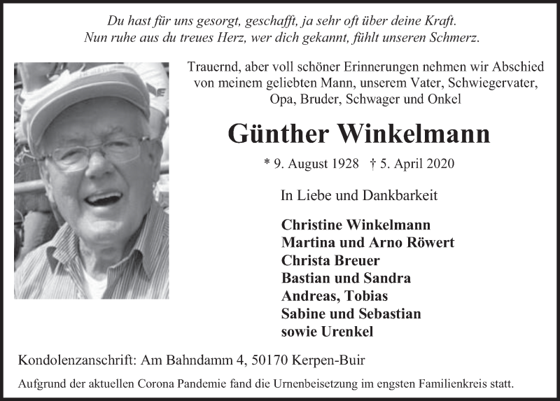  Traueranzeige für Günther Winkelmann vom 17.04.2020 aus  Werbepost 