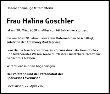 Anzeige von Halina Goschler von Kölner Stadt-Anzeiger / Kölnische Rundschau / Express