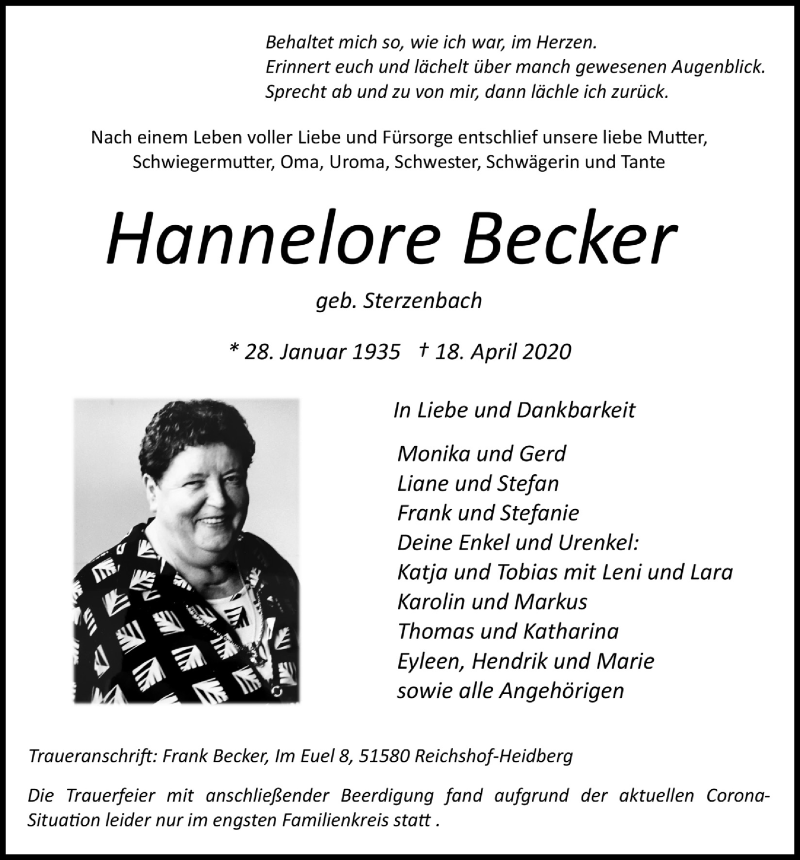  Traueranzeige für Hannelore Becker vom 24.04.2020 aus  Anzeigen Echo 