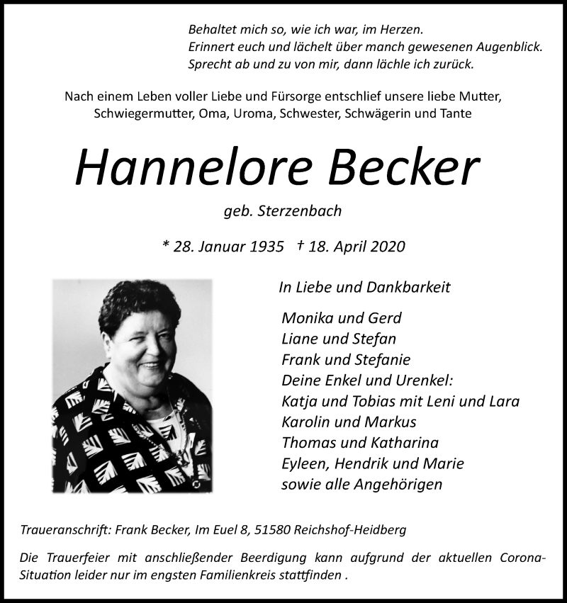  Traueranzeige für Hannelore Becker vom 21.04.2020 aus Kölner Stadt-Anzeiger / Kölnische Rundschau / Express