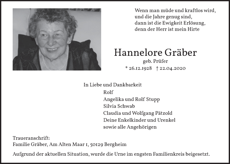  Traueranzeige für Hannelore Gräber vom 30.04.2020 aus  Werbepost 