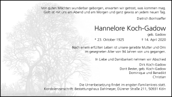 Anzeige von Hannelore Koch-Gadow von Kölner Stadt-Anzeiger / Kölnische Rundschau / Express