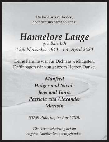 Anzeige von Hannelore Lange von  Wochenende 