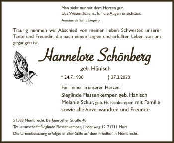 Anzeige von Hannelore Schönberg von  Lokalanzeiger 