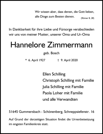 Anzeige von Hannelore Zimmermann von  Anzeigen Echo 
