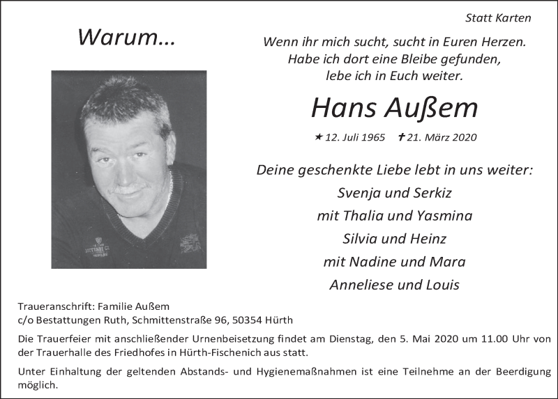  Traueranzeige für Hans Außem vom 30.04.2020 aus  Wochenende 