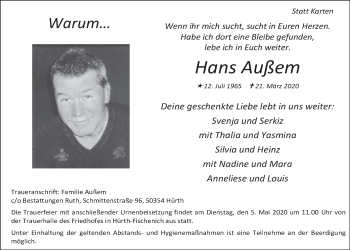 Anzeige von Hans Außem von  Wochenende 