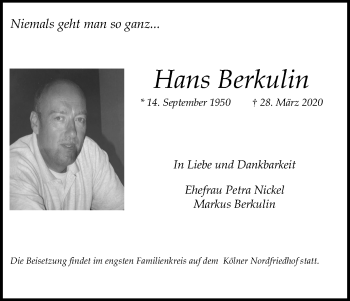 Anzeige von Hans Berkulin von Kölner Stadt-Anzeiger / Kölnische Rundschau / Express
