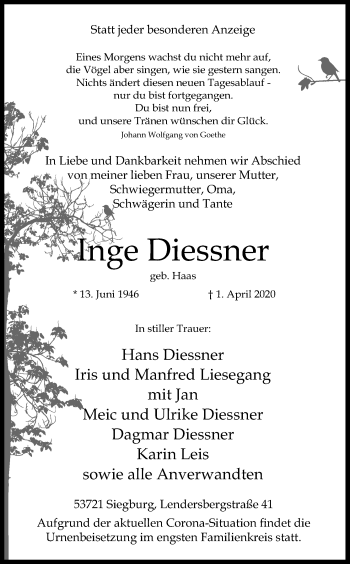 Anzeige von Inge Diessner von Kölner Stadt-Anzeiger / Kölnische Rundschau / Express