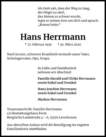 Anzeige von Hans Herrmann von Kölner Stadt-Anzeiger / Kölnische Rundschau / Express